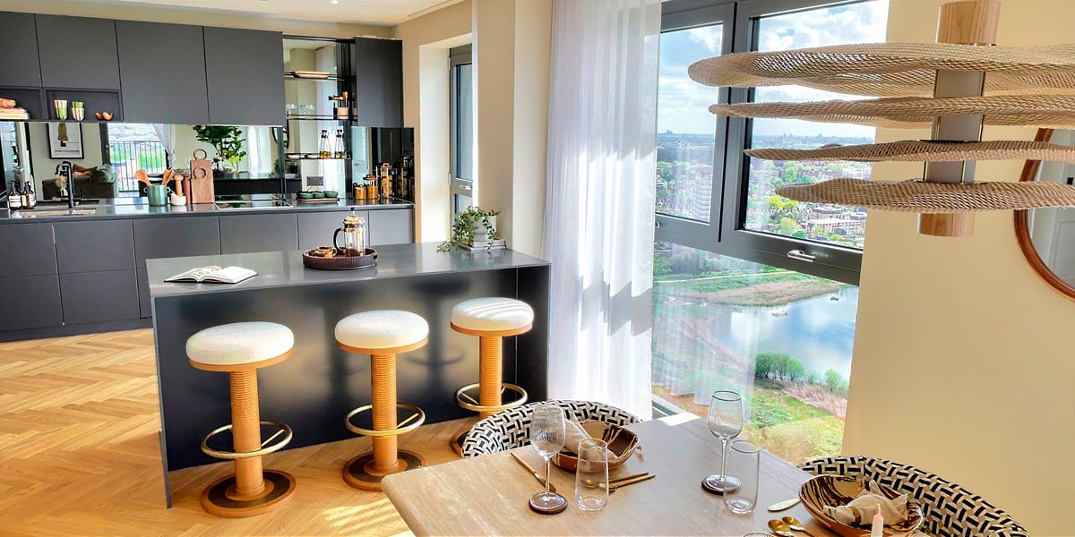 Kitchen island with bar stools and a full-height window onto the reservoir